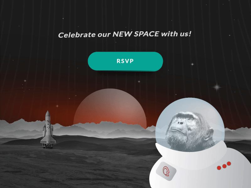 Invitation eCard celebrate our new office space! black and white ecard ecards email grayscale invitation mars monkey rocket rsvp space ui