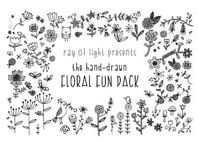 The Hand Drawn Floral Fun Pack birds creative market doodles floral flowers hand drawn insects plants products ray of light design shop simple