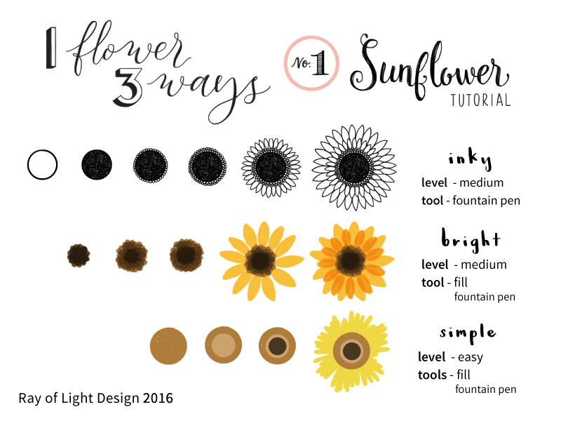 1 Flower, 3 Ways Drawing Tutorial -- #1 Sunflower by Ray ...