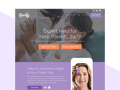 Pacify Homepage Redesign app landing page parenting parents purple startup web design website