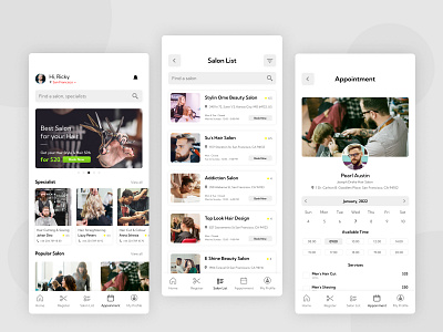 Saloon Booking App Design - Barber Shop appointment barber barber shop beauty app booking app bookings clean ui hair haircut hero hero banner minimal on demand app saloon saloon app service spa trending shot ui design uiux design