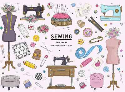 Sewing atelier design hobby illustration needlework sewing sewing machine tailoring vector