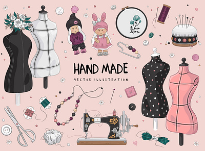 Hand made design hand made illustration set sewing sewing machine vector