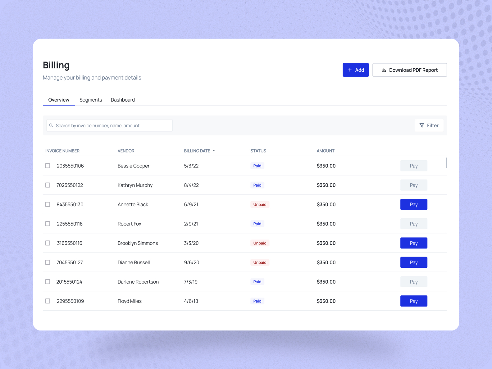 Billing Table Overview by JAHID ‌ on Dribbble