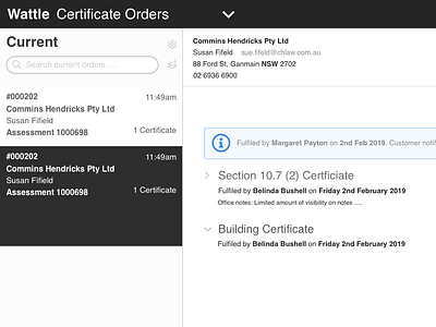 Wattle Certificate order management workflow app design ui web worflow