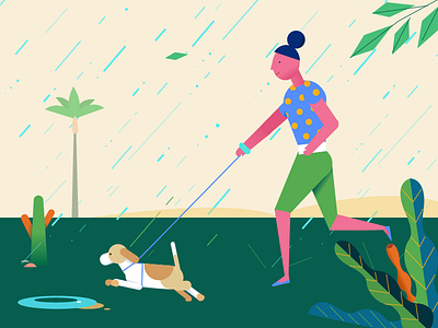 Rainy Day color dog walk nature outdoor rain vector illustration