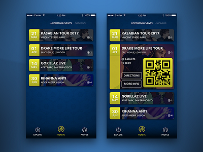 Tickets iOS App blue dark event iphone music tickets ui yellow