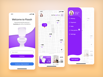 Floosh 🚽 Airbnb for toilets app ios iphone map menu mobile mobile app product design purple signup toilet ui ux