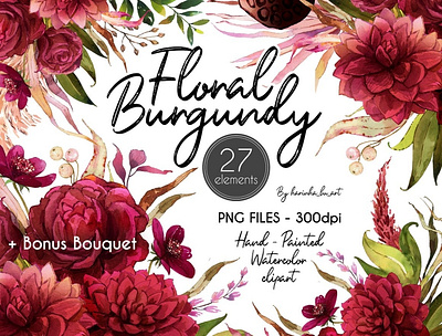 Burgundy Botanical Boho clipart set design flowers illustration plants surface design textile watercolor watercolor painting
