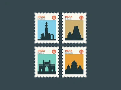 Indian City Stamps bangalore chennai city delhi illustration india minimal mumbai stamp vector vintage yatish asthana