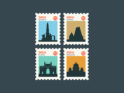 Indian City Stamps bangalore chennai city delhi illustration india minimal mumbai stamp vector vintage yatish asthana