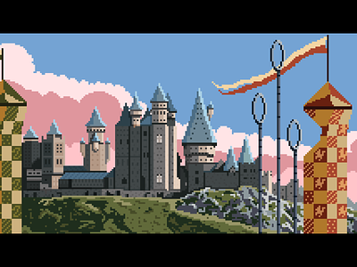 Hogwarts ~ Wizarding World Landscape 8 bit castle harry potter hogwarts illustration landscape magic pixel art pixel dailies quidditch vector yatish asthana