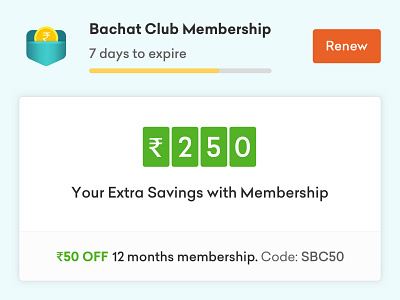 Bachat club's saving widget app benefits branding card clean club design grofers logo membership card savings ui elements ui kit ux