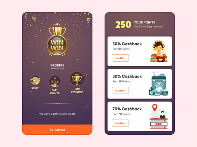 Win Win app benefits branding card design grofers illustration interaction savings ui ux vector