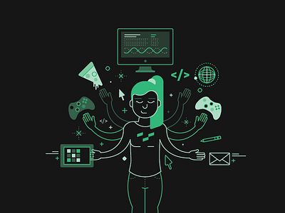 A Tech Hero code coding computer controller culture illustrator lines flat pizza tablet vector woman