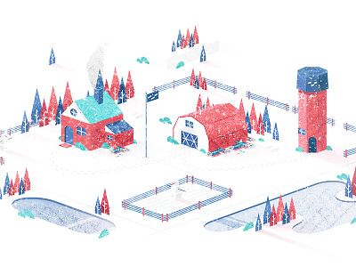 Winter Farm farm flat illustrator isometric pond scene snow vector