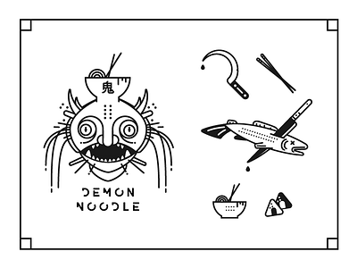 Demon Noodle black and white bowl branding fish food food truck knife lines monster noodles ramen vector