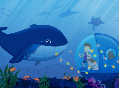 Oceanarium interior background with cartoon characters design illustration vector