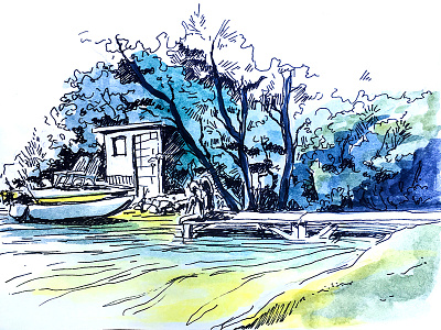 Camp in Maine boat camp illustration lake maine pond sketch water watercolor