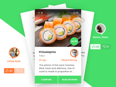 Who else wants delicious sushi? card comment compare food like review sushi tile ui ux web design website