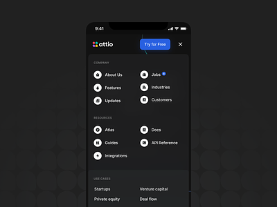 Attio – Mobile Menu attio clean crm dark geometric hamburguer icons inter management menu minimal mobile navigation phone powerful shapes