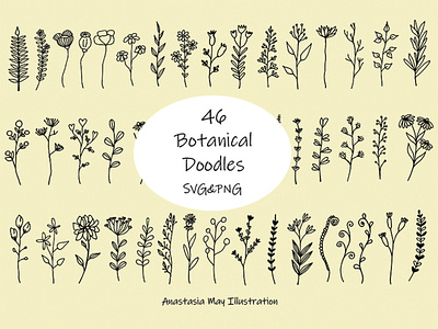 46 Botanical Doodles Wildflowers svf&png file app branding design doodle doodleart icon illustration logo png svg typography ui ux vector