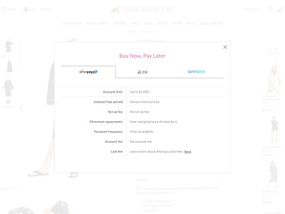 Afterpay popup table