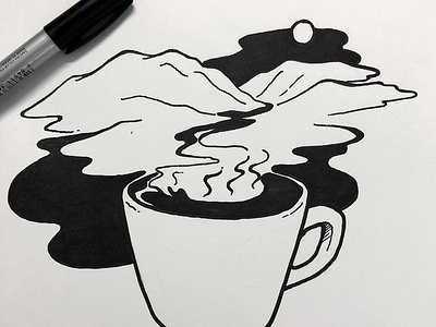 Inktober Day 2 - Tranquil coffee drawing illustration ink ink pen inktober inktober 2018 mountains sketch