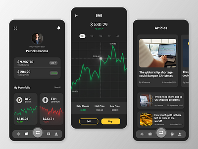 Trading Cryptocurrency App 3d app branding crypto cryptocurrency dark darkmode design illustration investasi logo market mobile stock market trading tradingapp ui vector