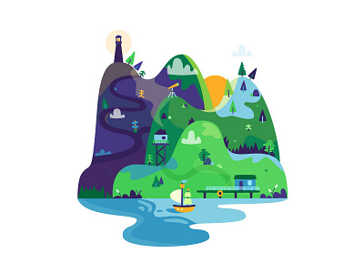 Mountains 2d illustration forest mountains ship tree