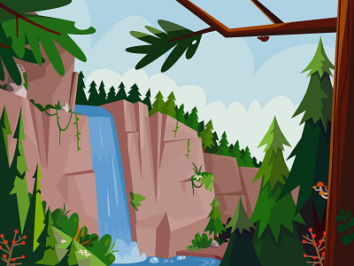 Mountain View 2d illustration forest mountain tree waterfall