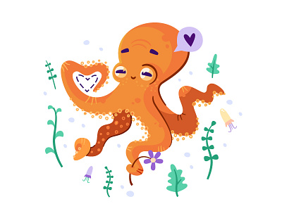 Octopus 2d illustation character design love octopus plants