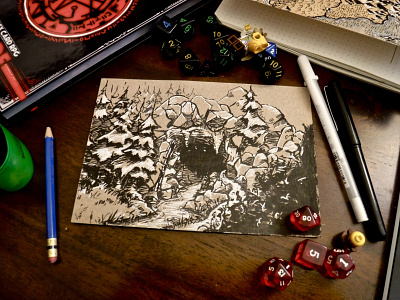 Cragmaw Hideout: Entrance adventure board game cave dm dnd drawing dungeons and dragons encounter gm hideout illustration ink landscape river rpg tabletop ttrpg
