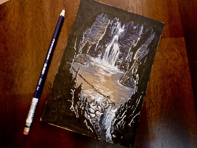 Let me risk a little more light.... adventure cave cavern colored pencil dnd dungeons and dragons encounter illustration ink lake ttrpg underground waterfall