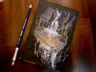 Let me risk a little more light.... adventure cave cavern colored pencil dnd dungeons and dragons encounter illustration ink lake ttrpg underground waterfall