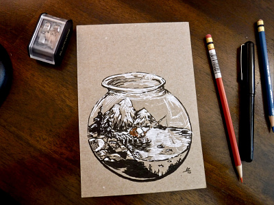 Fisherman Fishing with Fishing-pole in Fishbowl with Fishes drawing fish fishbowl fishing fishing rod illustration ink lake lonely lenny mountains