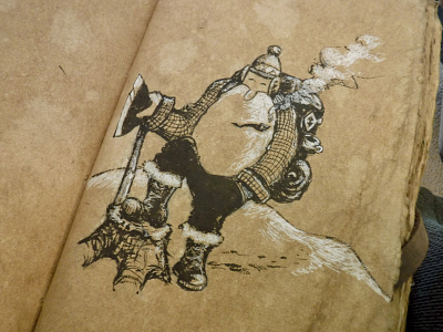 Old Len, in an Old Looking Book axe character drawing illustration ink mountain man pipe rustic stump woodsman
