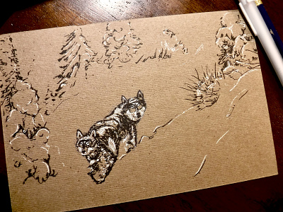 Wolf-dog study. animal dog drawing illustration ink sketch snow winter wolf