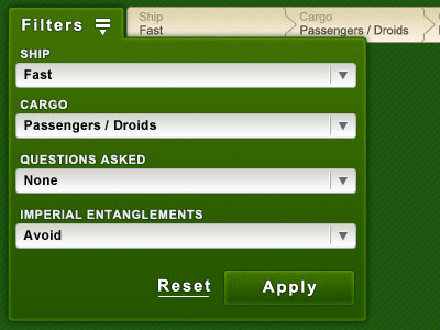 You've never heard of the Millennium Falcon? breadcrumbs buttons dropdown filters menu
