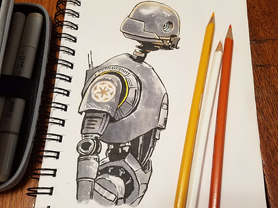 K-2S0 Drawing colored pencil drawing droid illustration ink pen rouge one star wars