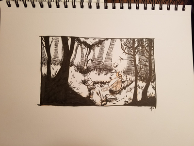 Lenny, panning for gold character design drawing forest illustration ink inktober inktober2016 miner stream woods