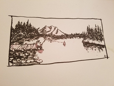 Len, fishin' axe backpack character drawing fishing illustration ink inktober lake