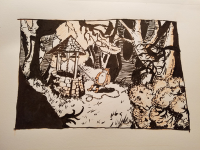 Len, getting water character drawing illustration ink inktober swordandthestone well woodsman