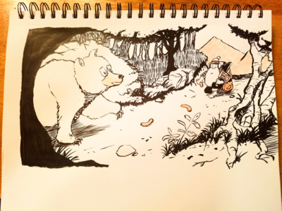 Lucky Dogs axe bear comic drawing illustration ink inktober len mountain man