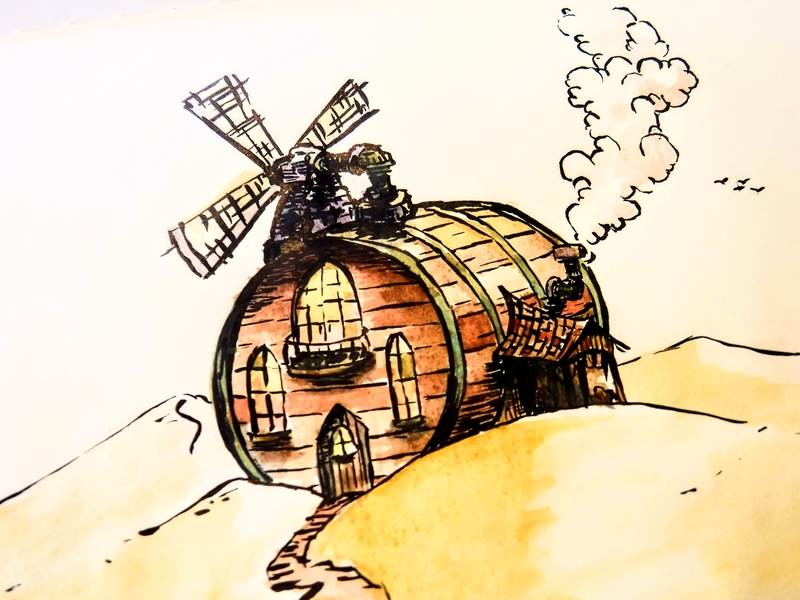 Ultimate Small-Batch Distillery - Detail architecture barrel cabin concept distillery drawing illustration ink watercolor