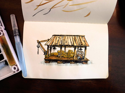 Hay Depot - Watercolor building depot drawing illustration ink rustic watercolor