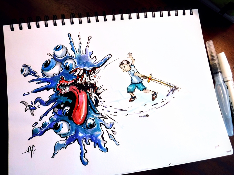 A Slime getting totally owned in the face drawing game illustration ink little dungeon monster owned sword watercolor