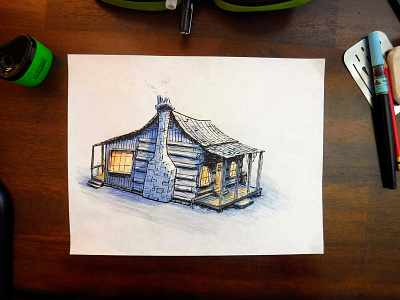 A Cheery Evening cabin cheerful colored pencil drawing illustration ink shack