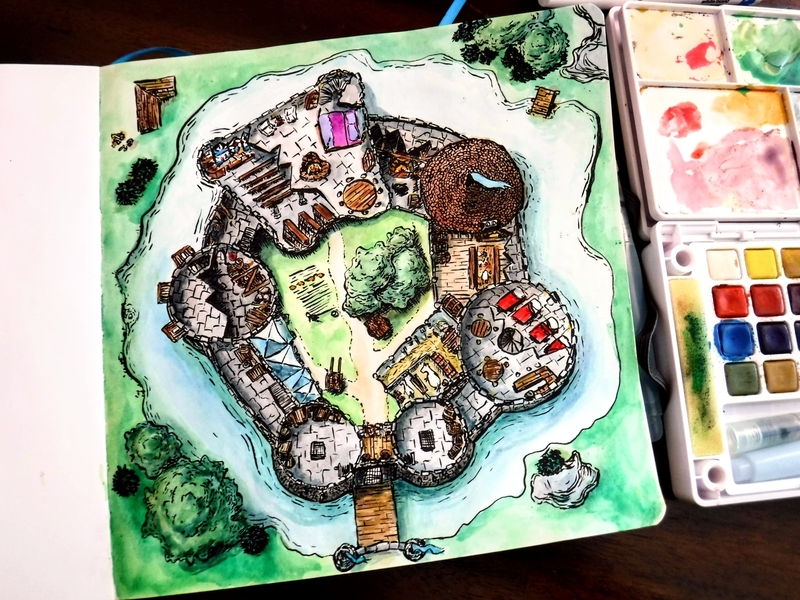 Castle Map castle cutout drawing illustration ink map rpg watercolor