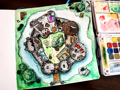 Castle Map castle cutout drawing illustration ink map rpg watercolor
